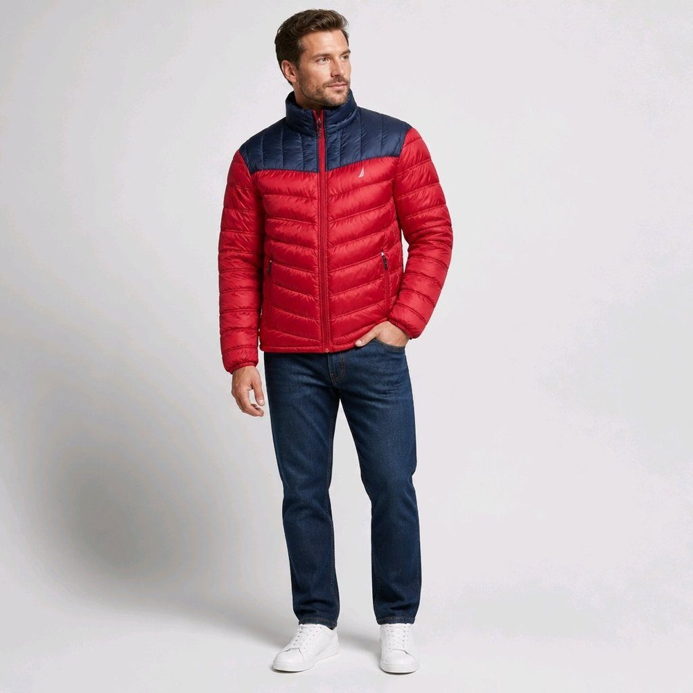 Nautica Medium Puffer Jacket Red Navy Lightweight Insulated Puffer
